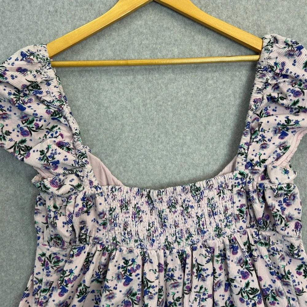 Free People Large Babydoll Top Pink Gaia Corduroy Floral Puff Sleeve Velvet Bow
